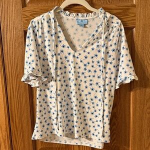CeCe Cream and Blue Floral Blouse